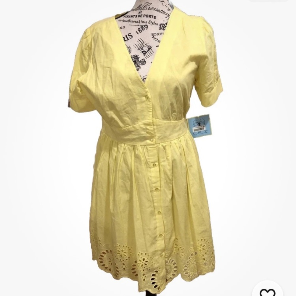 CeCe Yellow Button Up Cotton Dress NWT Size 10 Floral Eyelet Scallop Hem Lined